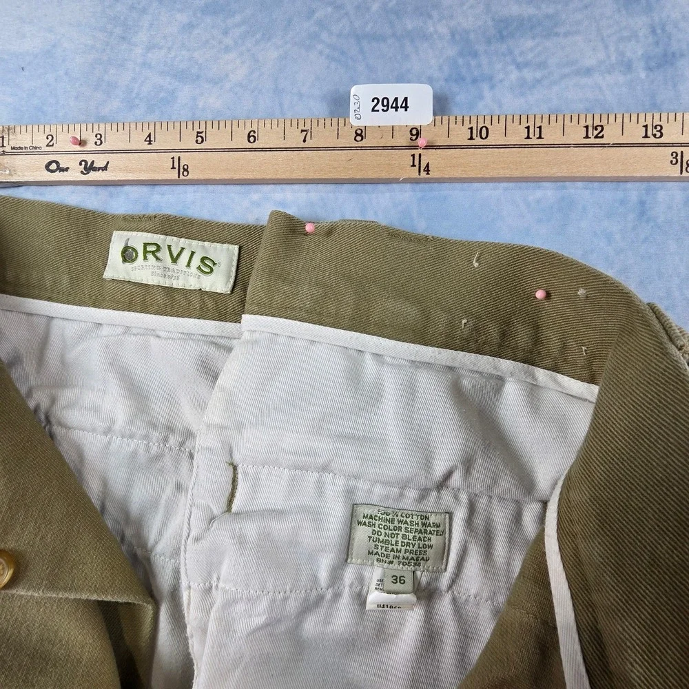 Orvis Mens Khaki Cotton Twill Pants Leather Trim Sporting Traditions Size 36x29
